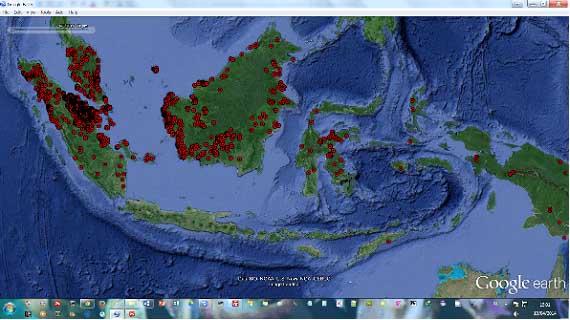 Distribusi perkiraan lokasi kebakaran hutan/lahan berdasarkan data satelit Terra dan Aqua untuk rentang waktu 1 Januari – 6 April 2014 (sumber: http://modis-catalog.lapan.go.id/).