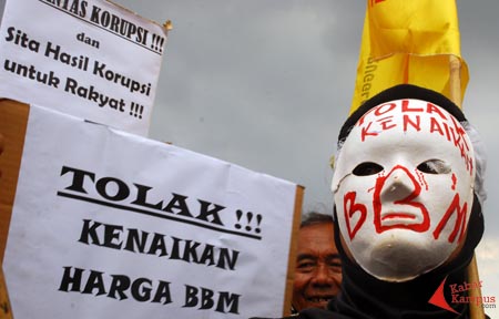 Seorang ibu rumah tangga menggunakan topeng dalam aksi demo menolakan kenaikan BBM di depan gedung DPR RI, Jakarta, Kamis (29/03). Sekitar 15 ibu rumah tangga tersebut tergabung dalam Front Perjuangan Rakyat. Dalam aksi para ibu rumah tangga membawa alat memasak. FOTO : AHMAD FAUZAN SAZLI