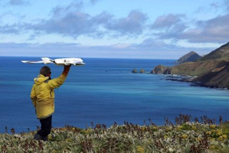 Ekolog Jarrod Hodgson meluncurkan pesawat drone di Macquarie Island. (Credit: ABC licensed) 