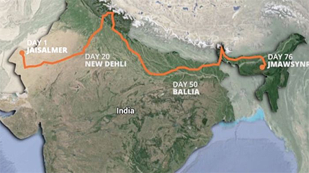 Ia akan memulai perjalanan ini dari salah satu gurun terkering di Bumi, Jaisalmer di Rajasthan, dan berakhir di Shillong.